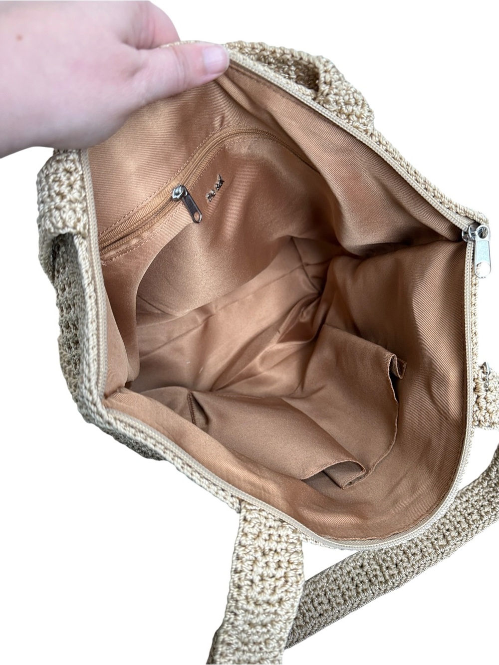 The Sak Crochet Tote Bag Beige Tan Metallic Lined Boho Shoulder Handbag - Picture 8 of 13